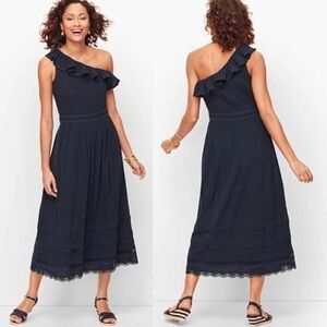 EUC Talbots One‎ Shoulder Lace Embroidered Navy Maxi Dress size 6
